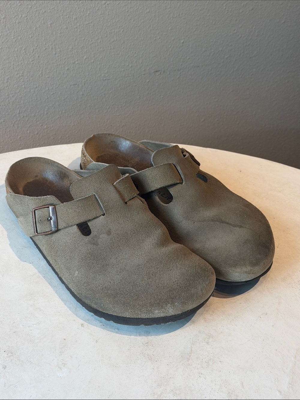 Birkenstock Suede Clog Slip-Ons in Olive Green / Brown